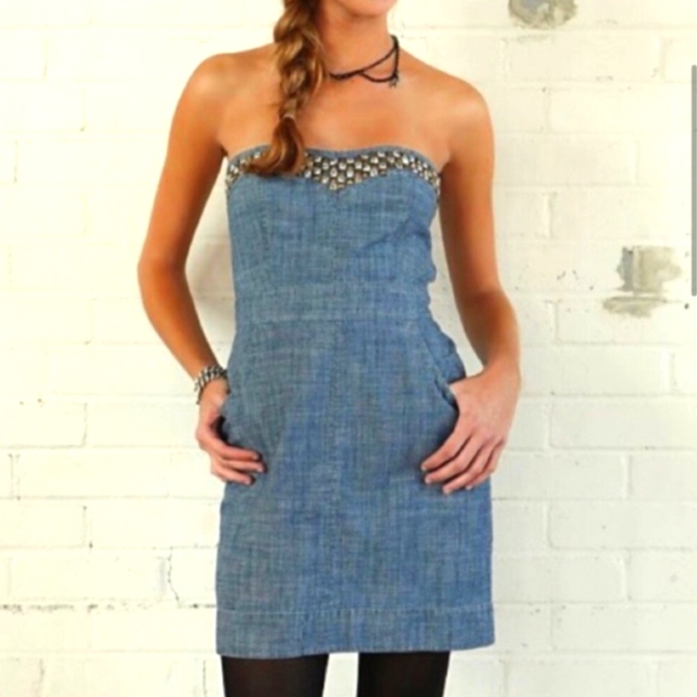 Free People  denim tube mini dress with studded bust